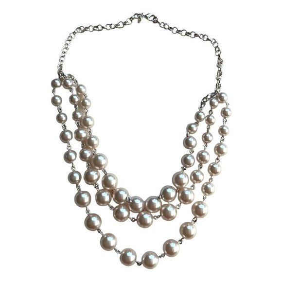 Roman RMN Faux Pearl Chunky Statement Necklace Silver Tone 17" Elegant Party - Picture 1 of 3